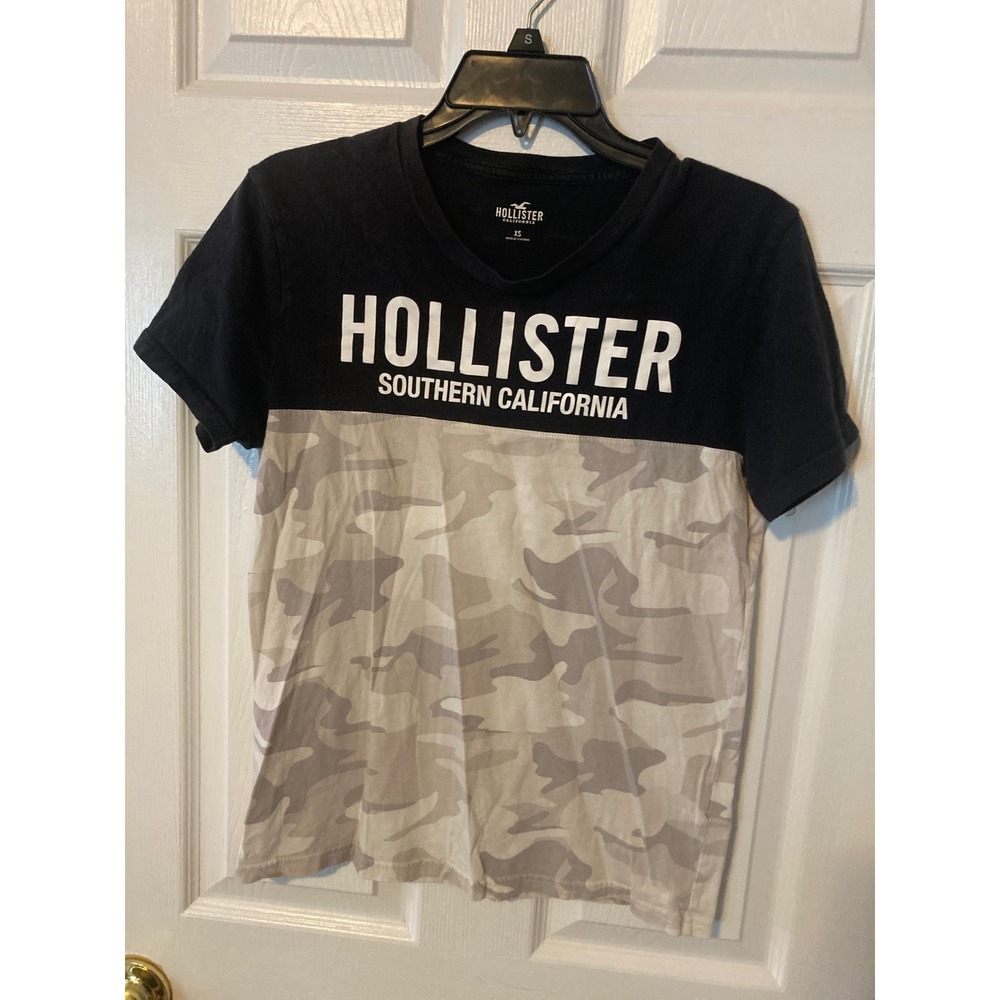 Hollister‎ Mens V-Neck Graphic Tee Navy Blue Camo Colorblock Shirt XS